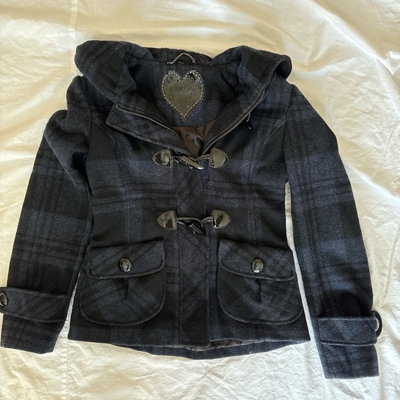 Guess Black and Gray Plaid Toggle Coat - Picture 2 of 7